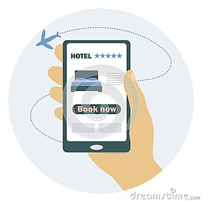 Book a hotel room using a smartphone. Online booking, travel. Cartoon Illustration